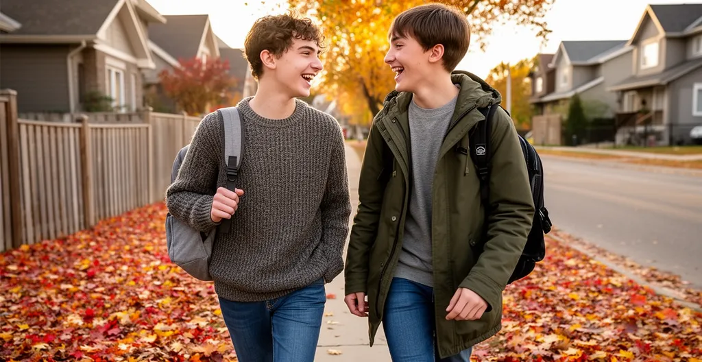 Deux adolescents marchant ensemble dans une banlieue canadienne en automne