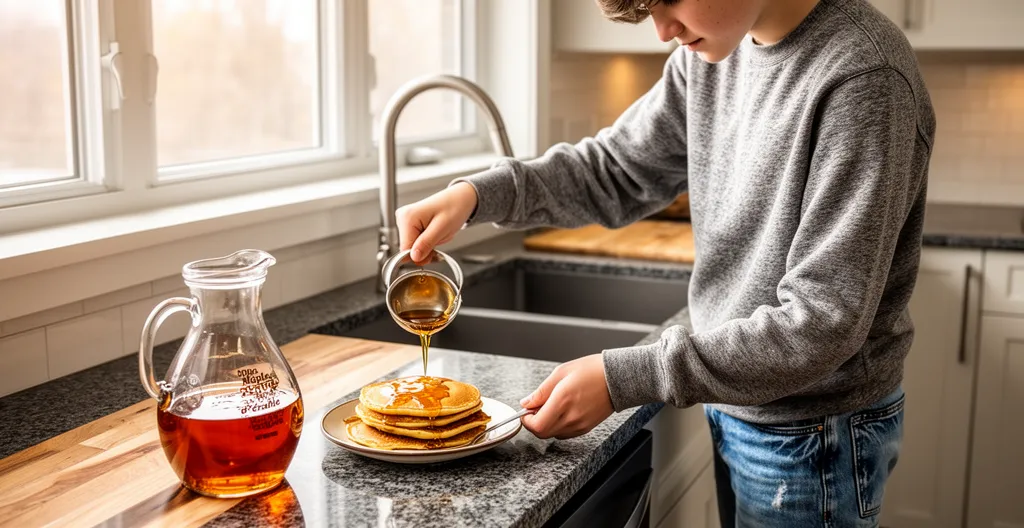 Préparation du petit-déjeuner dans une cuisine canadienne avec un étudiant en échange