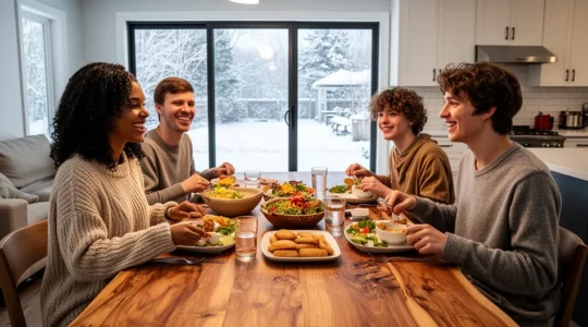 Famille canadienne partageant un repas chaleureux avec un adolescent en échange scolaire
