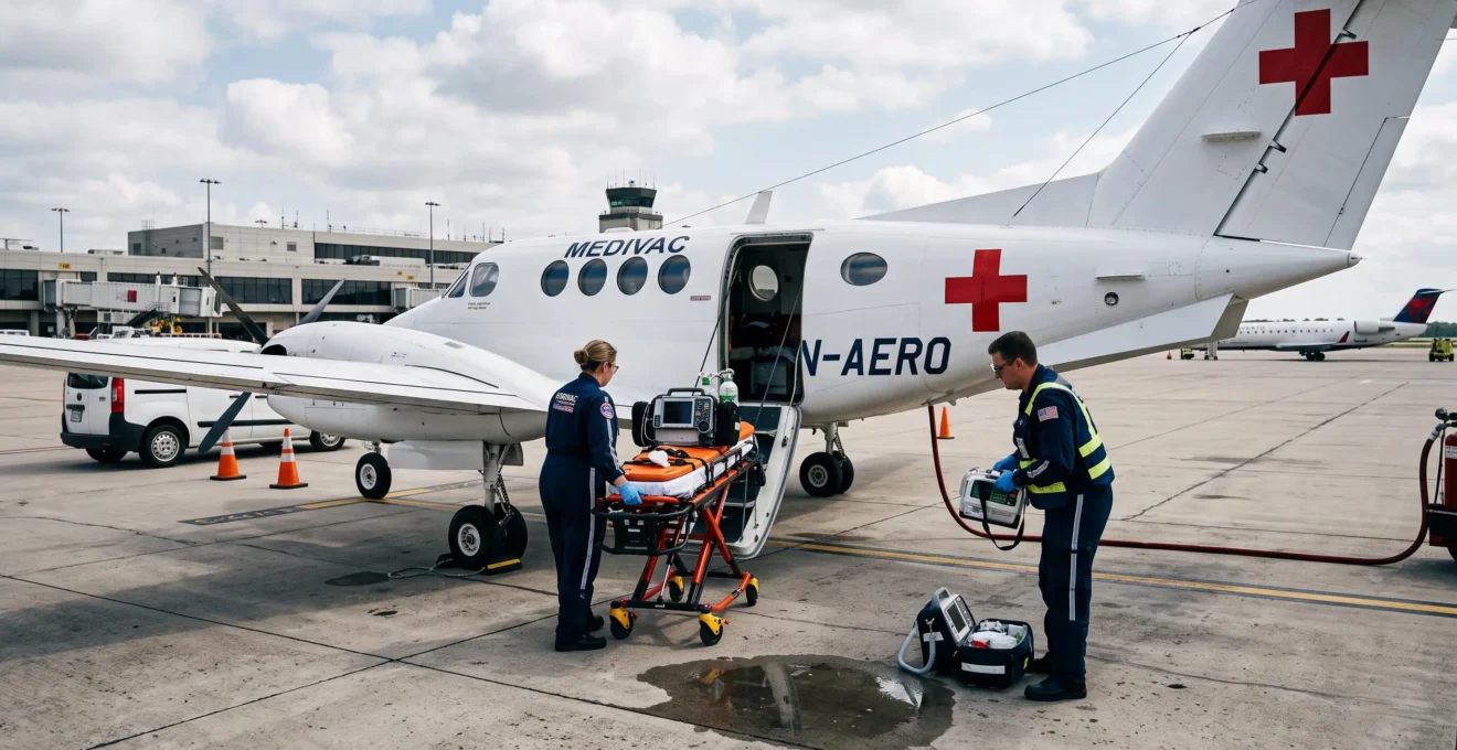 Avion médicalisé et équipe médicale préparant un rapatriement sanitaire sur un tarmac d'aéroport
