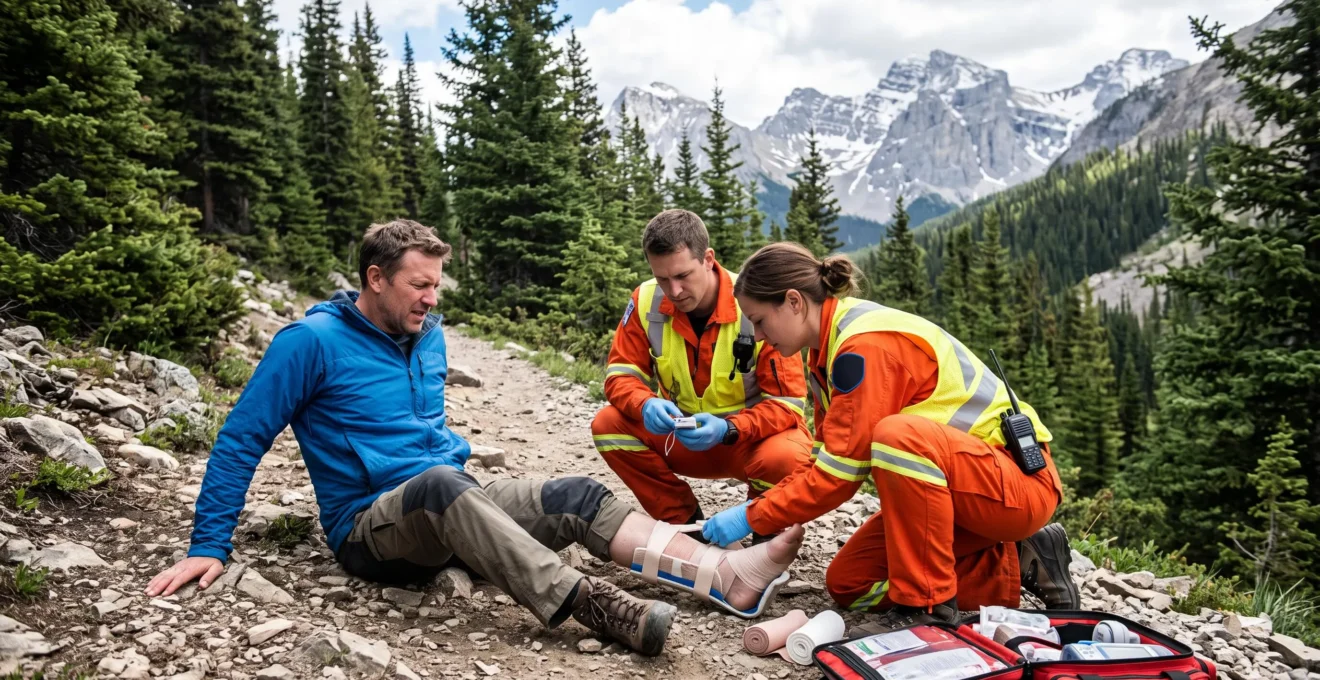 Secouristes paramédicaux prenant en charge un randonneur blessé sur un sentier de montagne dans les Rocheuses canadiennes