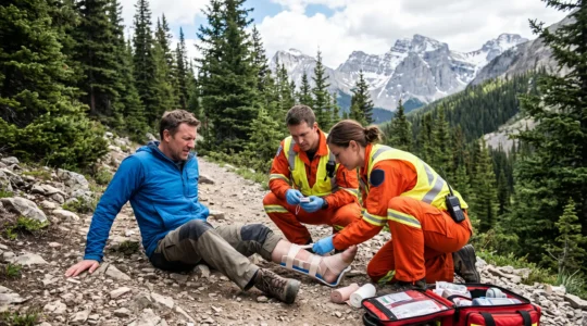 Secouristes paramédicaux prenant en charge un randonneur blessé sur un sentier de montagne dans les Rocheuses canadiennes